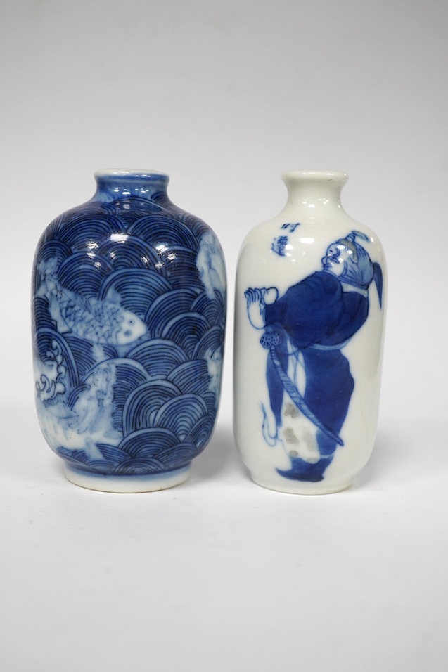 Two Chinese blue and white snuff bottles, 7.5cm. Condition - good